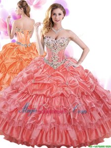 Watermelon Red Sweetheart Neckline Beading and Ruffled Layers and Pick Ups Sweet 16 Dress Sleeveless Lace Up