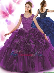 Dramatic Dark Purple Sweet 16 Dress Military Ball and Sweet 16 and Quinceanera and For with Beading and Ruffles Scoop Sleeveless Zipper
