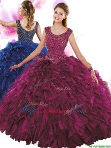 Scoop Fuchsia Sleeveless Beading and Ruffles Floor Length 15th Birthday Dress