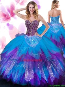 Tulle Sleeveless Floor Length Quinceanera Dresses and Beading and Ruffled Layers