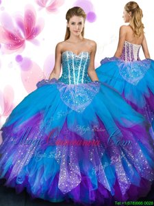 High Class Multi-color Ball Gowns Sweetheart Sleeveless Tulle Floor Length Lace Up Beading and Ruffled Layers Vestidos de Quinceanera