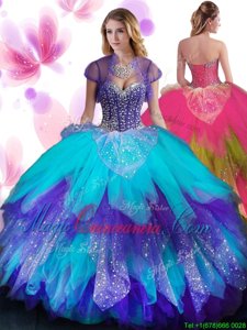 Great Sleeveless Lace Up Floor Length Beading and Ruffled Layers Sweet 16 Quinceanera Dress