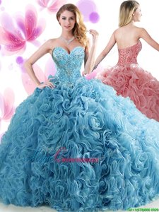 Blue Organza Lace Up Quinceanera Gown Sleeveless Brush Train Beading and Ruffles