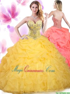 Wonderful Sleeveless Tulle Floor Length Lace Up 15 Quinceanera Dress in Gold for with Beading and Ruffled Layers