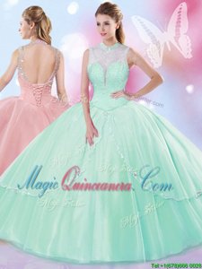 Apple Green Ball Gowns Beading 15th Birthday Dress Lace Up Tulle Sleeveless Floor Length