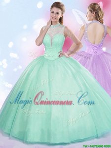 Sumptuous Floor Length Apple Green 15th Birthday Dress High-neck Sleeveless Lace Up