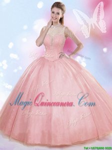 Deluxe Watermelon Red Tulle Lace Up High-neck Sleeveless Floor Length Vestidos de Quinceanera Beading