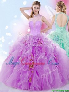 Pretty Halter Top Sleeveless Floor Length Beading and Ruffles Lace Up Quince Ball Gowns with Lilac