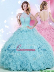 Floor Length Baby Blue Quince Ball Gowns High-neck Sleeveless Lace Up