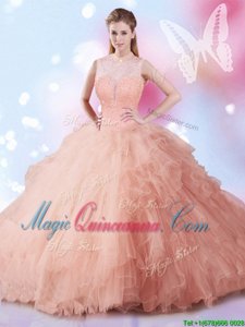 Floor Length Ball Gowns Sleeveless Peach Ball Gown Prom Dress Lace Up
