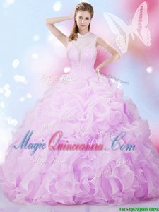 Excellent Lavender Sleeveless Floor Length Beading and Ruffles and Pick Ups Lace Up Sweet 16 Dresses