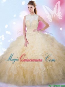 Best Selling Floor Length Champagne Quinceanera Dresses High-neck Sleeveless Lace Up