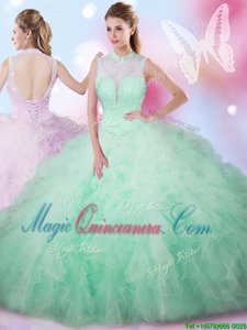 High-neck Sleeveless Lace Up Quinceanera Gown Apple Green Tulle