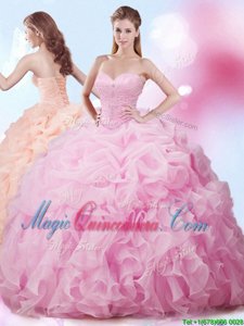 Rose Pink Ball Gowns Organza Sweetheart Sleeveless Beading and Ruffles and Pick Ups With Train Lace Up Ball Gown Prom Dress Brush Train