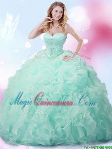 Trendy Apple Green Lace Up Sweet 16 Dresses Beading and Ruffles and Pick Ups Sleeveless With Brush Train