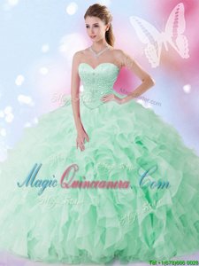 Free and Easy Sleeveless Floor Length Beading and Ruffles Lace Up Quinceanera Gown with Apple Green