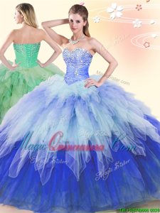 Custom Designed Multi-color Tulle Lace Up Sweetheart Sleeveless Floor Length Quinceanera Dress Beading and Ruffles