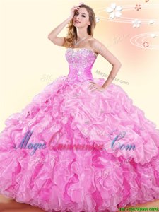 Rose Pink Sleeveless Floor Length Beading and Ruffles and Pick Ups Lace Up Ball Gown Prom Dress