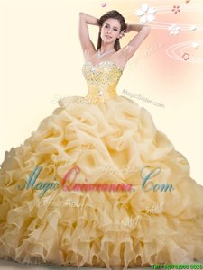 Enchanting Sleeveless Brush Train Lace Up With Train Beading and Ruffles and Pick Ups Quinceanera Dresses