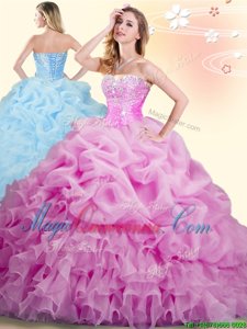 Ideal Sleeveless Organza With Brush Train Lace Up Sweet 16 Dress in Lilac for with Beading and Ruffles and Pick Ups