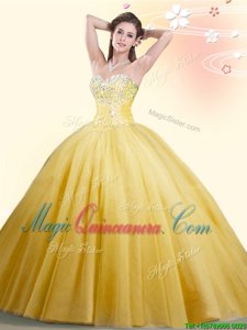 High Class Floor Length Ball Gowns Sleeveless Gold Quince Ball Gowns Lace Up