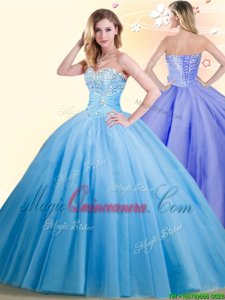 Floor Length Baby Blue Quinceanera Gowns Tulle Sleeveless Beading