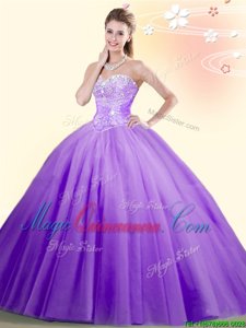 Vintage Floor Length Lilac 15th Birthday Dress Tulle Sleeveless Beading