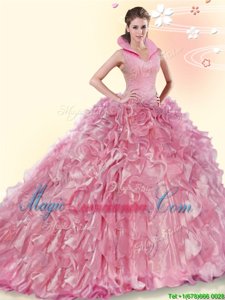 Hot Sale Pink Quinceanera Gown Military Ball and Sweet 16 and Quinceanera and For with Beading and Ruffles High-neck Sleeveless Brush Train Backless