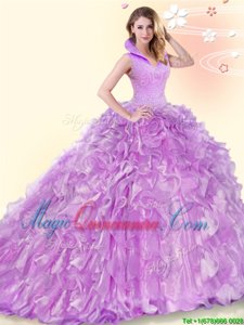 Exquisite Backless Organza Sleeveless Sweet 16 Dress Brush Train and Beading and Ruffles