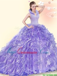 Lavender Sleeveless Beading and Ruffles Backless Vestidos de Quinceanera