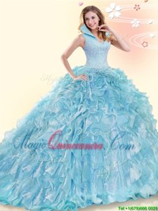 Romantic Backless High-neck Sleeveless Quince Ball Gowns Brush Train Beading and Ruffles Aqua Blue Organza