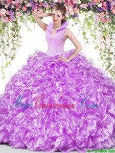 Backless High-neck Sleeveless Vestidos de Quinceanera Floor Length Beading and Ruffles Lilac Organza