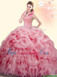Watermelon Red Backless Quinceanera Dress Beading and Ruffles and Pick Ups Sleeveless Brush Train