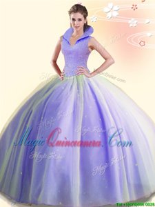 Vintage Lavender Backless High-neck Beading Quinceanera Dresses Tulle Sleeveless