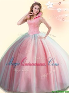 Deluxe High-neck Sleeveless Tulle Sweet 16 Dress Beading Backless