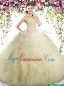 Fancy Light Yellow 15 Quinceanera Dress Military Ball and Sweet 16 and Quinceanera and For with Beading and Ruffles High-neck Sleeveless Backless