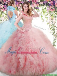New Style Watermelon Red Sleeveless Tulle Backless Sweet 16 Quinceanera Dress for Military Ball and Sweet 16 and Quinceanera