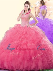 Rose Pink Sleeveless Tulle Backless Quinceanera Dress for Military Ball and Sweet 16 and Quinceanera