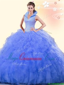 Sleeveless Tulle Floor Length Backless Quinceanera Gowns in Blue for with Beading and Ruffles