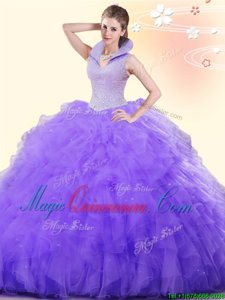 Lavender Tulle Backless High-neck Sleeveless Floor Length Sweet 16 Dress Beading and Ruffles