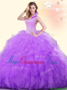 New Style Ball Gowns Quinceanera Dresses Lavender High-neck Tulle Sleeveless Floor Length Backless