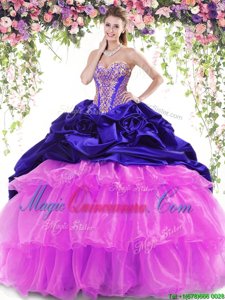 Elegant Beading and Ruffled Layers and Pick Ups 15th Birthday Dress Royal Blue and Lilac Lace Up Sleeveless With Brush Train