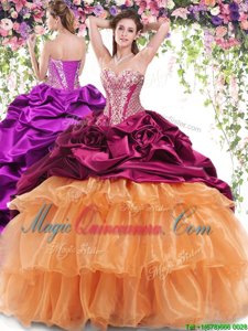 Designer Pick Ups Ruffled With Train Fuchsia and Orange Sweet 16 Dress Sweetheart Sleeveless Brush Train Lace Up