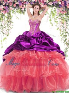 Fantastic Sleeveless Brush Train Lace Up With Train Beading and Ruffled Layers and Pick Ups Quince Ball Gowns