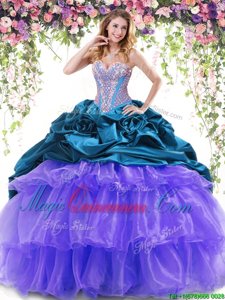 Teal and Lavender Vestidos de Quinceanera Military Ball and Sweet 16 and Quinceanera and For with Beading and Ruffled Layers and Pick Ups Sweetheart Sleeveless Brush Train Lace Up