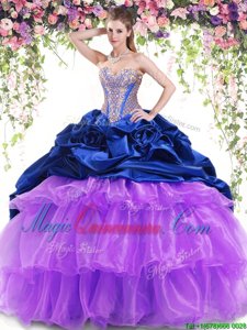 Pick Ups Ruffled Royal Blue and Lavender Sleeveless Organza and Taffeta Brush Train Lace Up Quince Ball Gowns for Military Ball and Sweet 16 and Quinceanera
