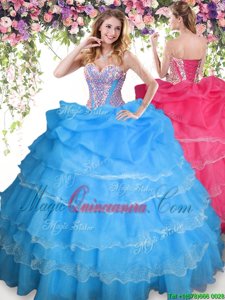 Organza Sleeveless Floor Length 15th Birthday Dress and Beading and Ruffled Layers and Pick Ups
