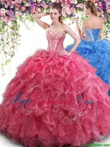 Fashion Coral Red Lace Up Ball Gown Prom Dress Beading and Ruffles Sleeveless Floor Length