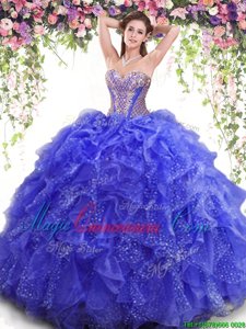 Inexpensive Blue Lace Up Sweet 16 Dresses Beading and Ruffles Sleeveless Floor Length