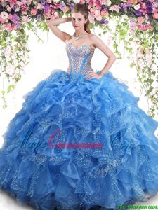 Aqua Blue Mermaid Organza Sweetheart Sleeveless Beading and Ruffles Floor Length Lace Up Ball Gown Prom Dress
